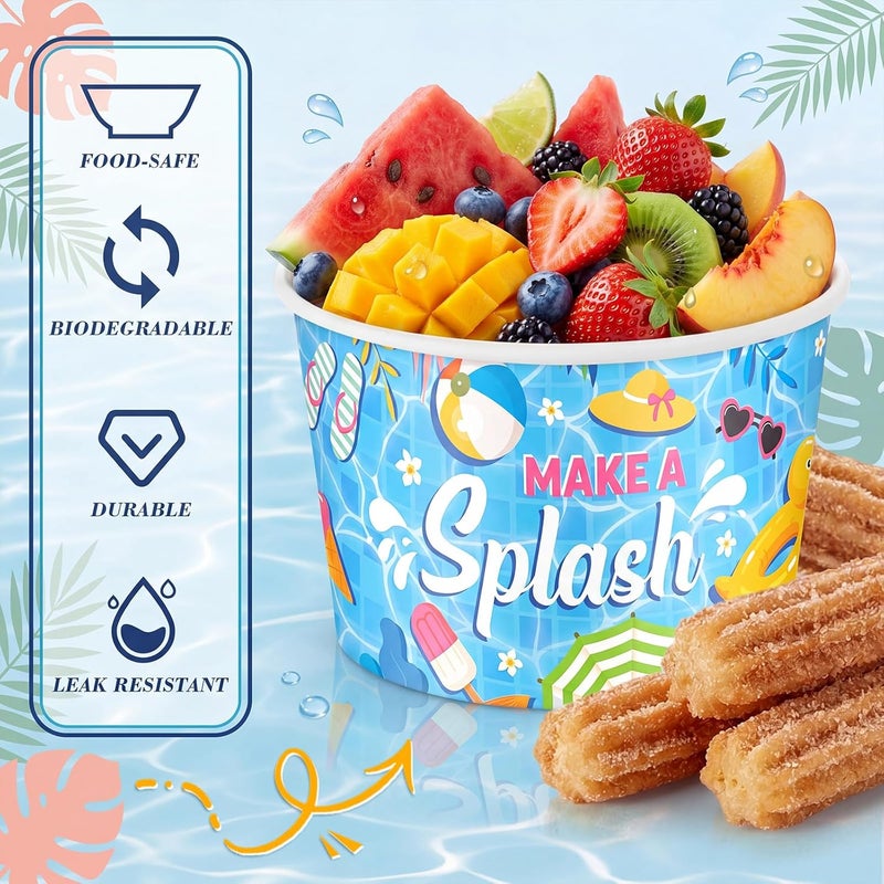 Romooa 100 Pcs 9oz Summer Swimming Pool Paper Bowls Treat Snack Cups Summer Ice Cream Dessert Bowl Treat Snack Cup for Hot or Cold Food Flamingo Swimming Ring Plant Patterns Pool Party Favor Supplies - Image 3