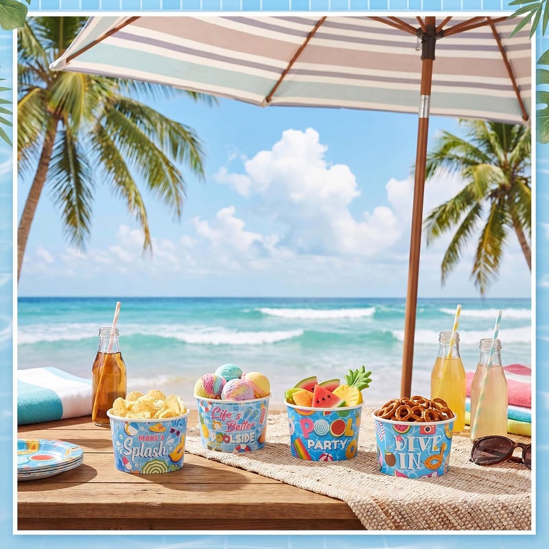 Romooa 100 Pcs 9oz Summer Swimming Pool Paper Bowls Treat Snack Cups Summer Ice Cream Dessert Bowl Treat Snack Cup for Hot or Cold Food Flamingo Swimming Ring Plant Patterns Pool Party Favor Supplies - Image 5