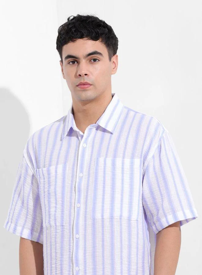 The Indian Garage Co  Men Boxy Fit Striped Cutaway Collar Half Sleeves Shirt for Men | Best Price UAE