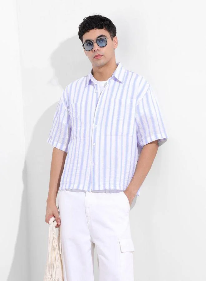 The Indian Garage Co  Men Boxy Fit Striped Cutaway Collar Half Sleeves Shirt for Men | Best Price UAE