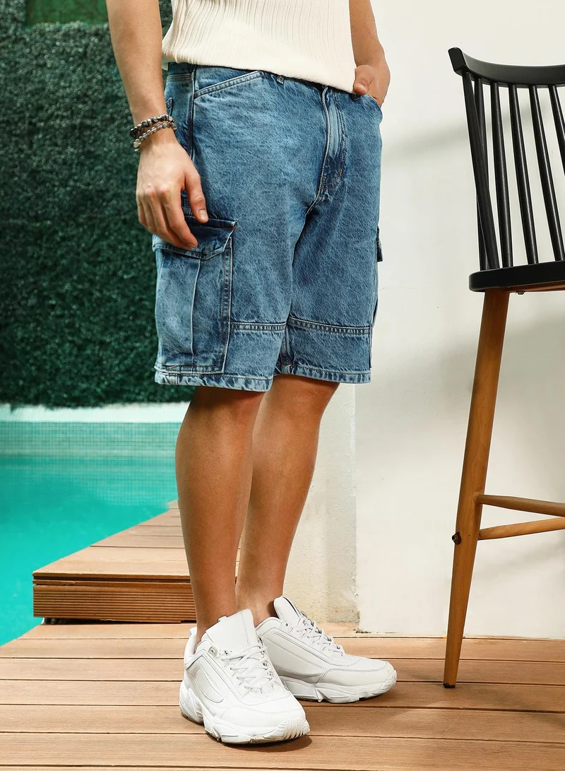 Campus Sutra Men's Distressed Cargo Denim Shorts