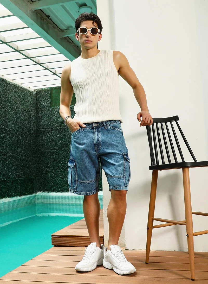 Campus Sutra Men's Distressed Cargo Denim Shorts