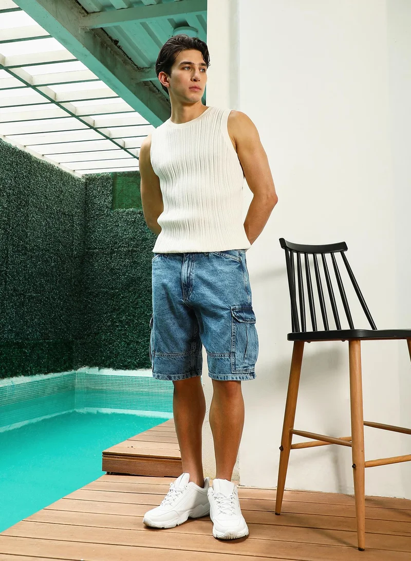 Campus Sutra Men's Distressed Cargo Denim Shorts