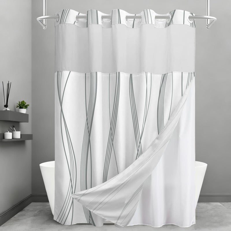 TWLSNCD No Hook Grey Blue Striped Shower Curtain with Snap in Fabric Liner Set - White Hotel Modern Style Double Layer Design for Bathroom with See Through Mesh Top Window, 71 x 74 Inches - Image 1
