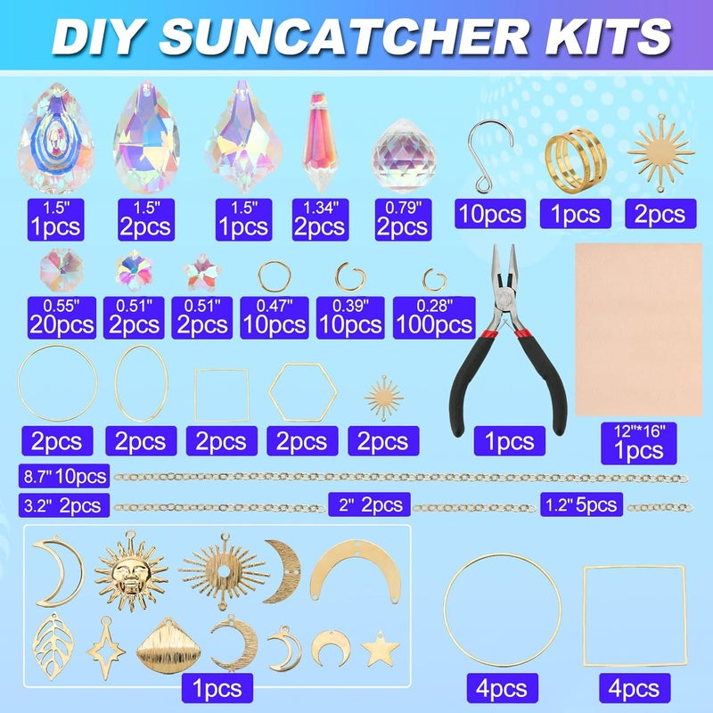 HYBEADS مجموعات صنع أدوات لجمع أشعة الشمس (DIY Sun Catchers Making Kits) مخصصة للبالغين، تحتوي على مواد لصنع مجسمات كريستالية لجمع أشعة الشمس، زجاج ملون، وسلاسل لتعليقها على النوافذ أو في الحدائق، كديكور للأعياد مثل عيد الميلاد، مع إمكانية إنشاء قوس قزح عند تعرضها لأشعة الشمس. تحتوي المجموعة على أكثر من 200 قطعة إكسسوار لصنع 10 أنواع مختلفة من المجسمات. - Image 2