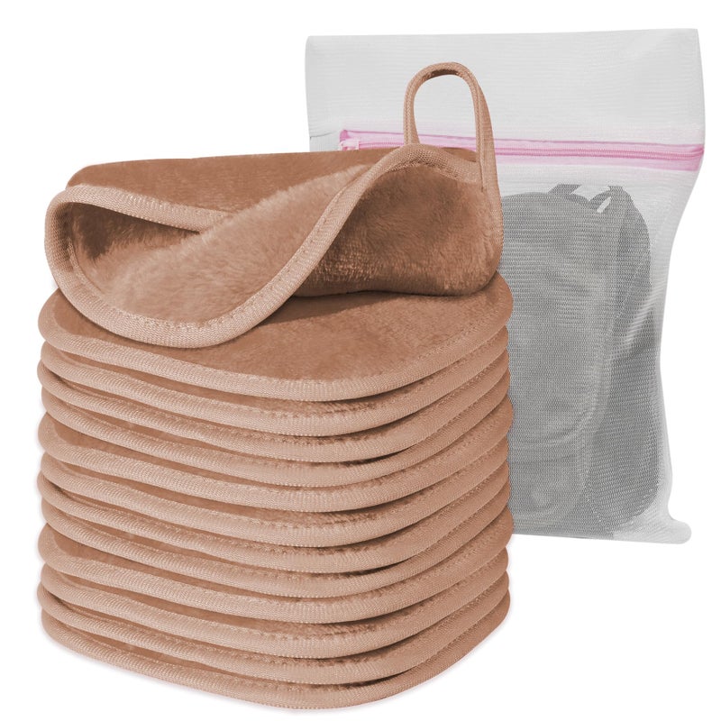 Natwag Makeup Remover Cloth, 6" x 6" Make Up Towels Reusable Face Cloth for Washing Face, Makeup Remover Pads Microfiber Face Washcloth with Mesh Bag, Just Water, 12 Pack, Light Brown - Image 1