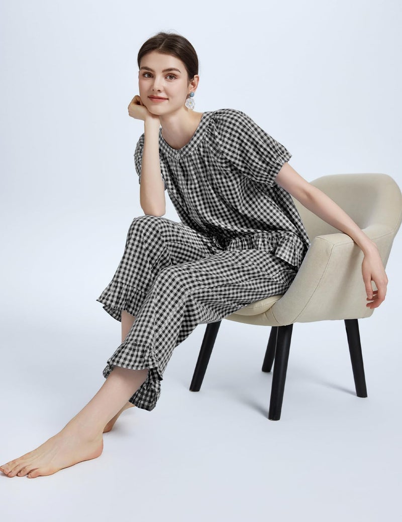 Flygo Womens Plaid 2 Piece Pajamas Sets Gingham Button Down Puff Sleeve Babydoll Shirts Ruffle Pants Y2K Pjs Lounge Set(Black-XXL) - Image 4