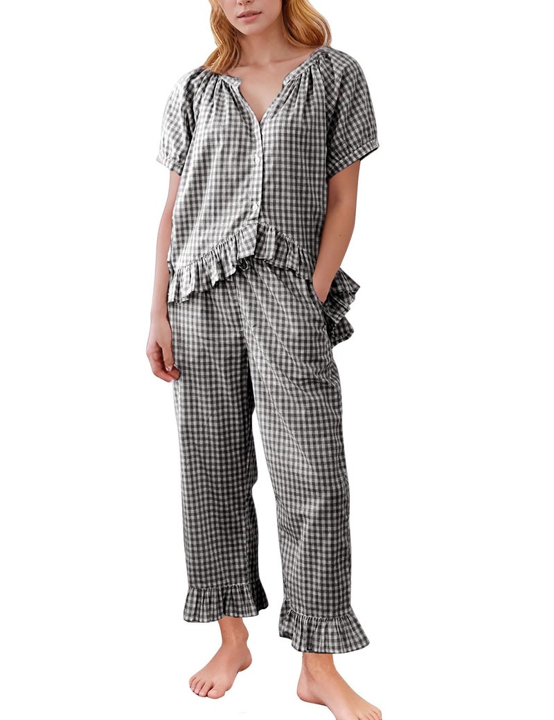 Flygo Womens Plaid 2 Piece Pajamas Sets Gingham Button Down Puff Sleeve Babydoll Shirts Ruffle Pants Y2K Pjs Lounge Set(Black-XXL) - Image 1