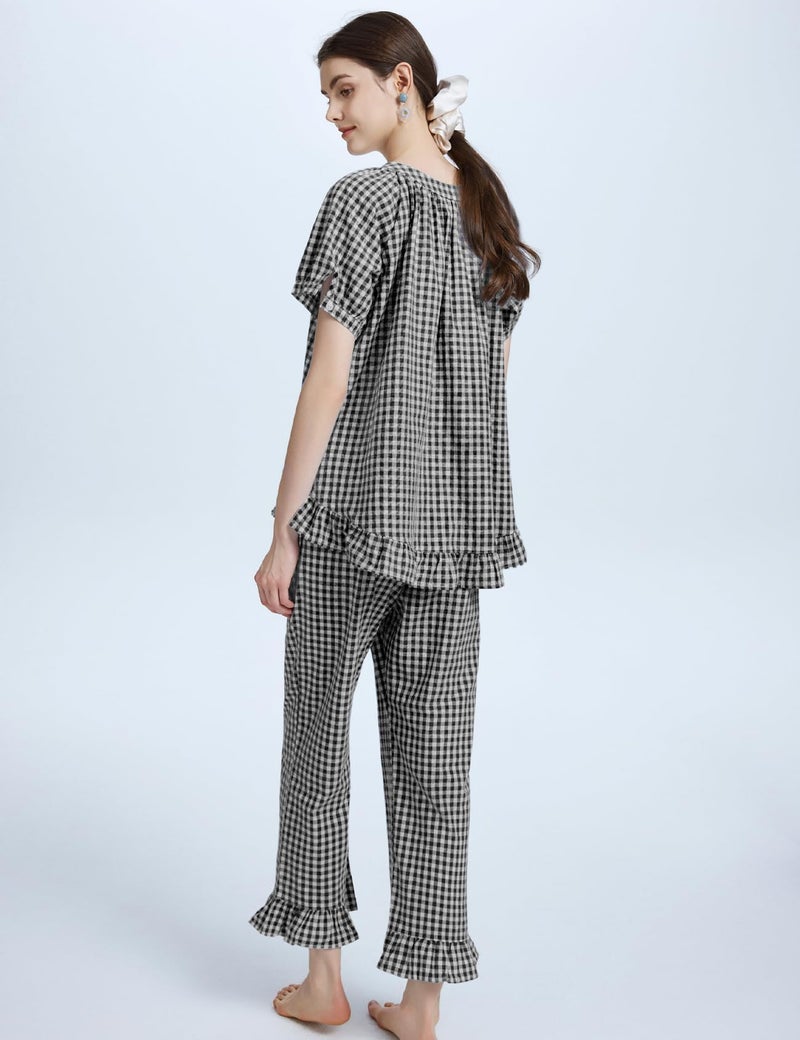 Flygo Womens Plaid 2 Piece Pajamas Sets Gingham Button Down Puff Sleeve Babydoll Shirts Ruffle Pants Y2K Pjs Lounge Set(Black-XXL) - Image 3