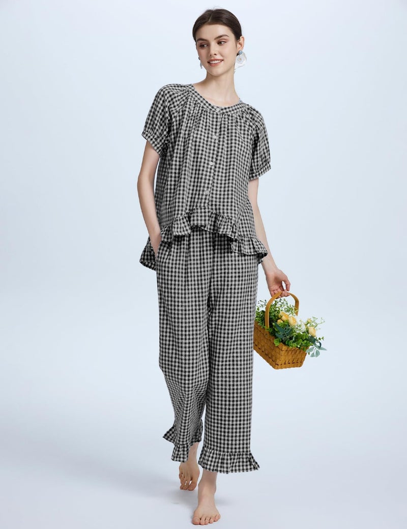 Flygo Womens Plaid 2 Piece Pajamas Sets Gingham Button Down Puff Sleeve Babydoll Shirts Ruffle Pants Y2K Pjs Lounge Set(Black-XXL) - Image 2