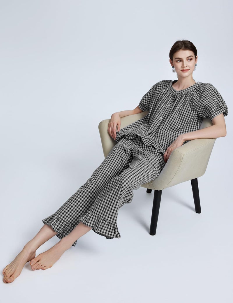 Flygo Womens Plaid 2 Piece Pajamas Sets Gingham Button Down Puff Sleeve Babydoll Shirts Ruffle Pants Y2K Pjs Lounge Set(Black-XXL) - Image 5