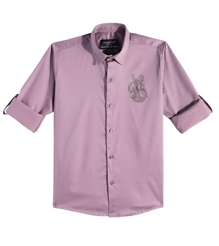 CHARCHIT Boys Cotton Lycra Spread Collar Full Sleeve Plain Shirt - Purple - Image 4