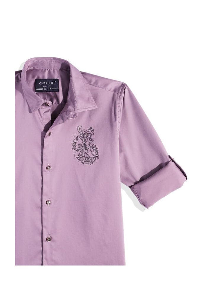 CHARCHIT Boys Cotton Lycra Spread Collar Full Sleeve Plain Shirt - Purple - Image 5