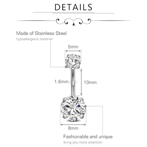 FECTAS 14g Belly Button Rings Surgical Steel CZ Petite Navel Ring for Women Body Piercing Jewelry Petite select Barbell Len 6mm 8mm 10mm 12mm Silver - Image 2