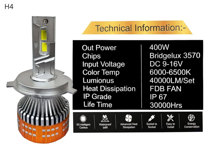 autofriend مصباح أمامي LED، 40000 لومن، 6000 كلفن أبيض بارد، مقاوم للماء IP67 (af-Glowdrive-H4) - Image 2