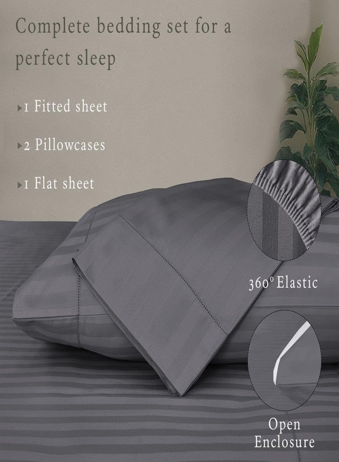 Threadmill 500 Thread Count Queen Size Damask Stripe, 4 Pc Luxury Cotton Sheet Set, Silky Smooth Dark Grey Sheets with 16" Elasticized Deep Pocket, 2 Pillowcases & Free Tote Bag - Image 3