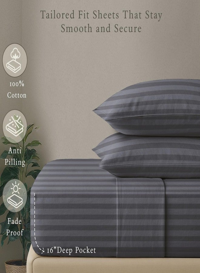 Threadmill 500 Thread Count Queen Size Damask Stripe, 4 Pc Luxury Cotton Sheet Set, Silky Smooth Dark Grey Sheets with 16" Elasticized Deep Pocket, 2 Pillowcases & Free Tote Bag - Image 5