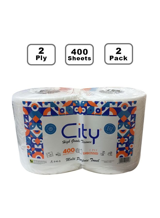City Multi-Purpose High Grade Embossed Tissue Towels 2 Ply x 400 Sheets 19cm Pack of 2 - Image 1