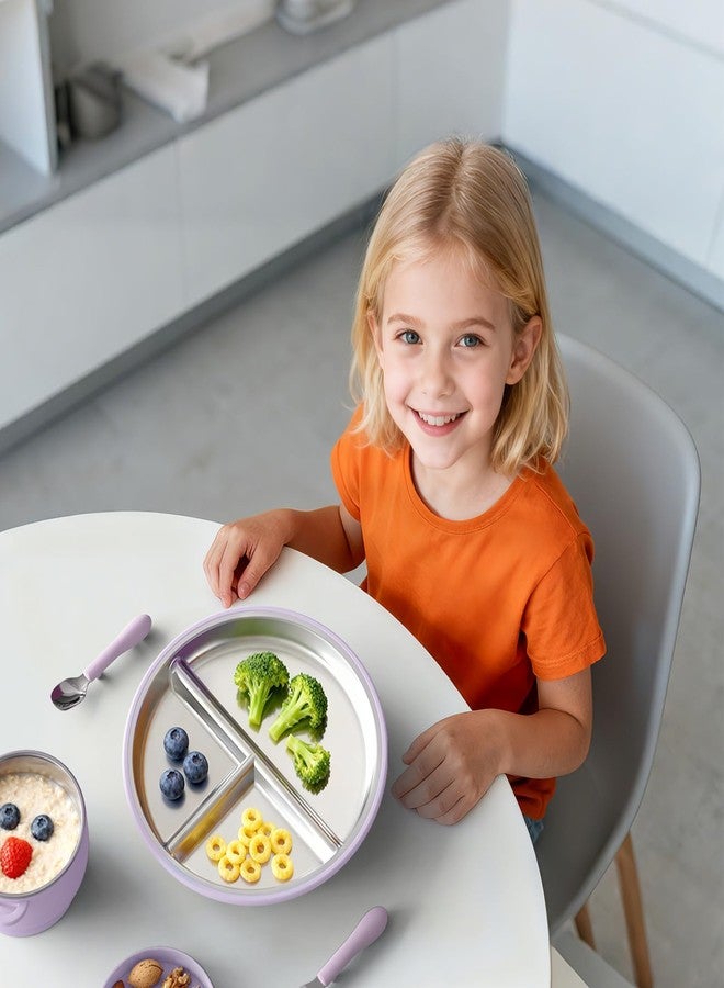 Bakpoco Stainless Steel Suction Plates for Toddlers, 9" Divided Kids Baby Plates with Removable Silicone Suction, Non Toxic Non Slip Portion Control Snack Dishes 3 Packs, Pink Beige Lilac - Image 4