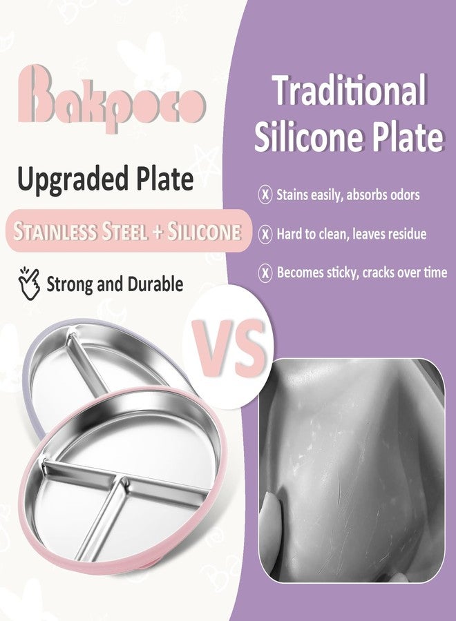 Bakpoco Stainless Steel Suction Plates for Toddlers, 9" Divided Kids Baby Plates with Removable Silicone Suction, Non Toxic Non Slip Portion Control Snack Dishes 3 Packs, Pink Beige Lilac - Image 3