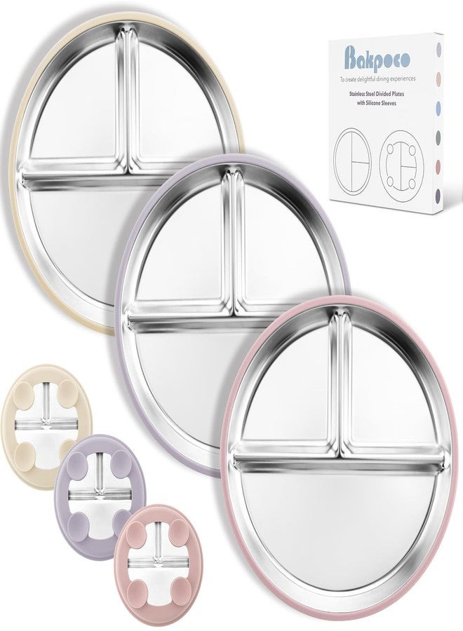 Bakpoco Stainless Steel Suction Plates for Toddlers, 9" Divided Kids Baby Plates with Removable Silicone Suction, Non Toxic Non Slip Portion Control Snack Dishes 3 Packs, Pink Beige Lilac - Image 1