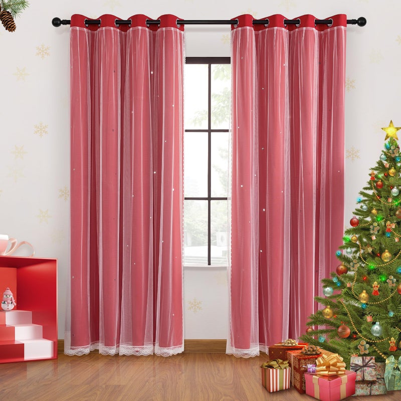 XiDi Red Curtains 63 Inches Long for Living Room Double Layer Curtains with Sheer Overlay for Girls Kids Bedroom Decor Ideal Princess Unicorn Theme Grommet Windows Drapes 2 Panels 34x63 - Image 1