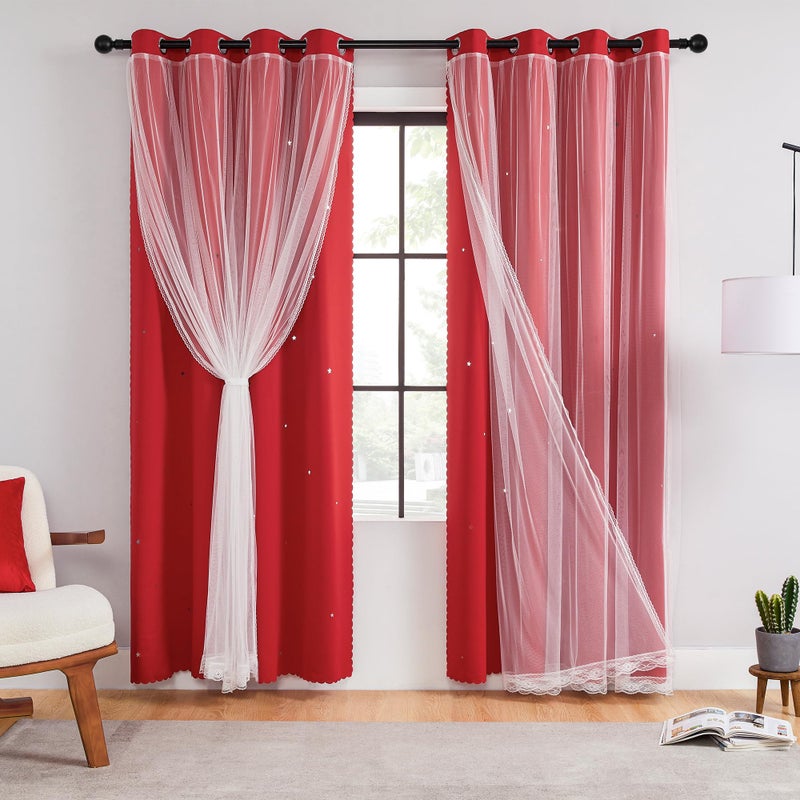 XiDi Red Curtains 63 Inches Long for Living Room Double Layer Curtains with Sheer Overlay for Girls Kids Bedroom Decor Ideal Princess Unicorn Theme Grommet Windows Drapes 2 Panels 34x63 - Image 2