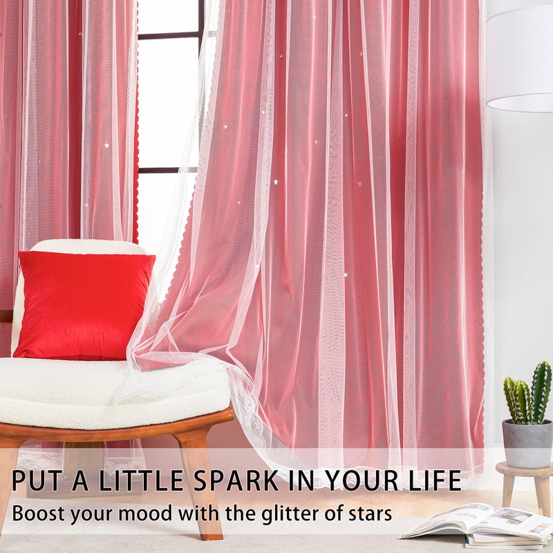 XiDi Red Curtains 63 Inches Long for Living Room Double Layer Curtains with Sheer Overlay for Girls Kids Bedroom Decor Ideal Princess Unicorn Theme Grommet Windows Drapes 2 Panels 34x63 - Image 3