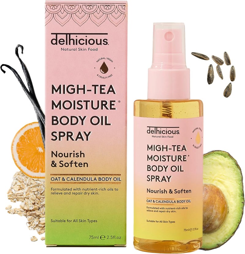Delhicious MighTea Moisture Body Oil Spray for Dry Dehydrated Skin Nourishing Body Oil with Oats Avocado Calendula Lightweight Hydration Glow Vegan CrueltyFree 75ml