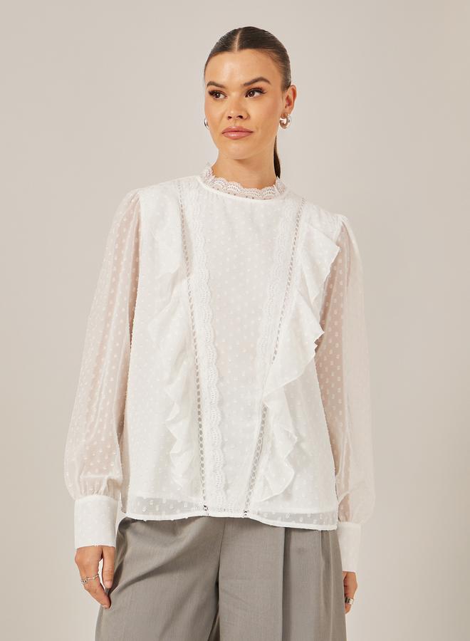 ستايلي بلوزة بأكمام بالون مكشكشة من دوبي مع تطعيم دانتيل - Image 2