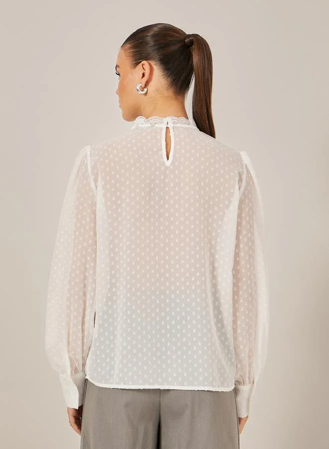 Styli Dobby Ruffled Balloon Sleeves Blouse with Lace Insert