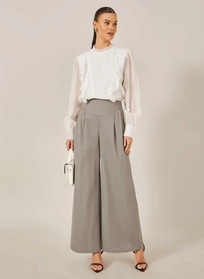 Styli Dobby Ruffled Balloon Sleeves Blouse with Lace Insert