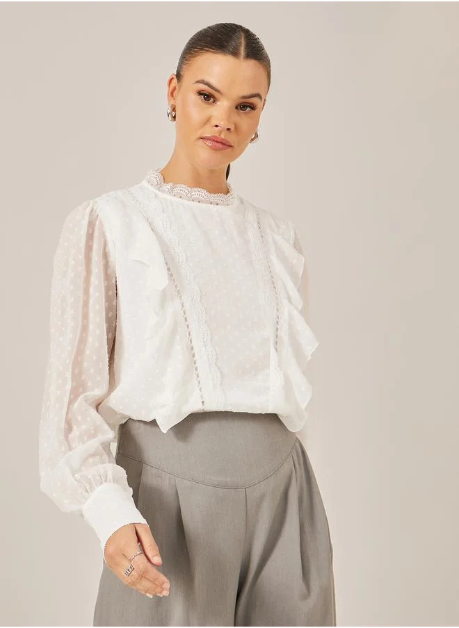 Styli Dobby Ruffled Balloon Sleeves Blouse with Lace Insert