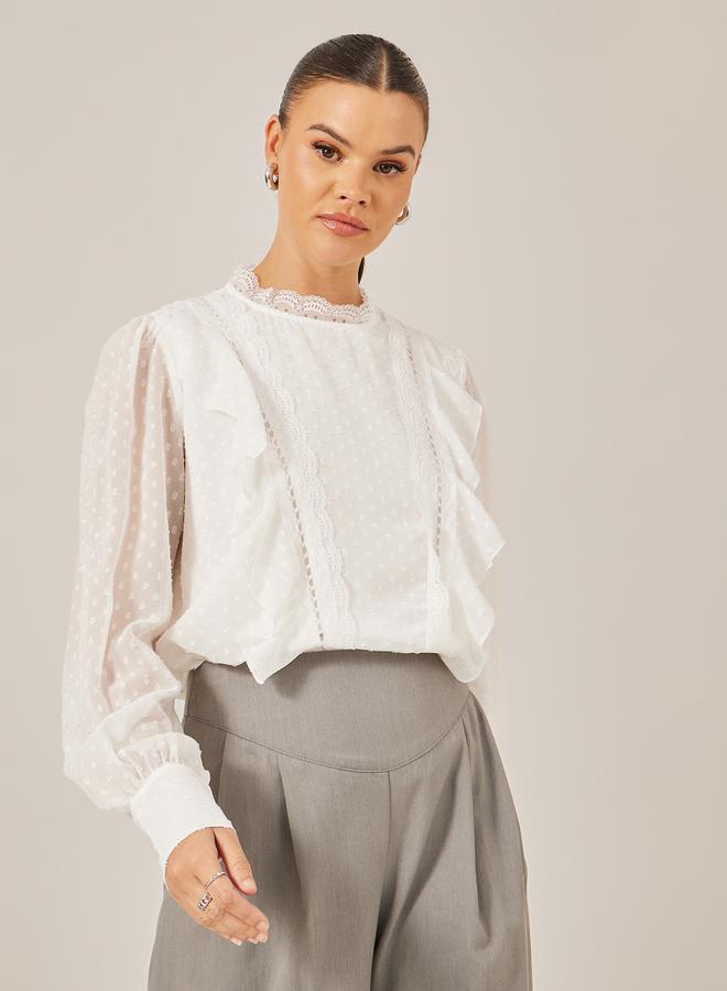 ستايلي بلوزة بأكمام بالون مكشكشة من دوبي مع تطعيم دانتيل - Image 1