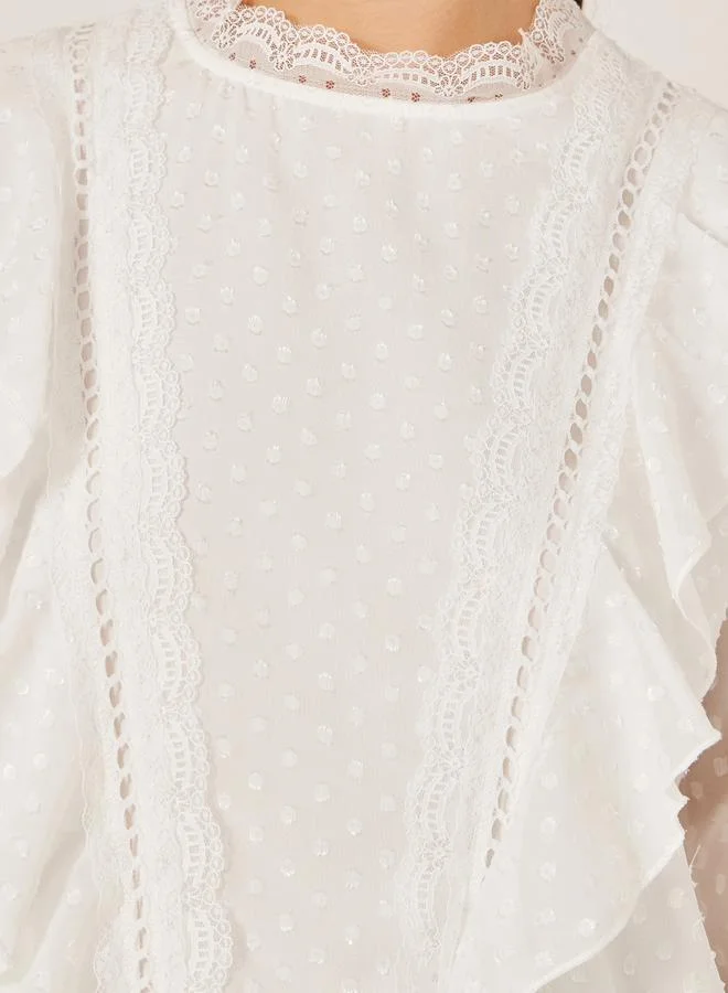 Styli Dobby Ruffled Balloon Sleeves Blouse with Lace Insert