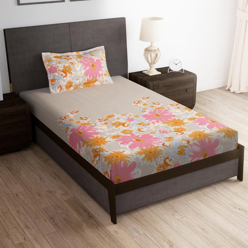 Story@Home Bedsheet for Single bed | 180 TC | Beige & Pink | Floral | 1 Piece Microfiber bedsheet for Single bed with 1 Pillow cover (147x224 cm) Perfect for Home Decor & gifting | Microfiber bedsheet - Image 1