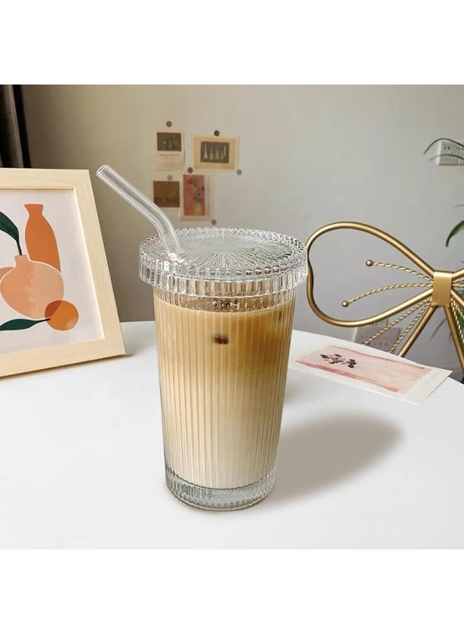 420ml Ribbed Glass Tumbler with Lid , Iced Coffee Cup, Smoothie Glass Cup, Juice Drinking Glass, Cold Beverage Glass Cup with Lid, Thickened Clear Glass, Reusable Coffee Cup, Elegant Water Cup for Milk, Tea, Cocktails, and Juices - Image 5