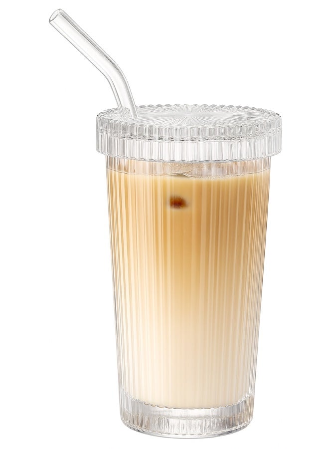 420ml Ribbed Glass Tumbler with Lid , Iced Coffee Cup, Smoothie Glass Cup, Juice Drinking Glass, Cold Beverage Glass Cup with Lid, Thickened Clear Glass, Reusable Coffee Cup, Elegant Water Cup for Milk, Tea, Cocktails, and Juices - Image 1