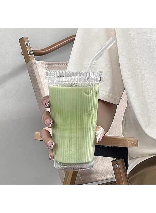 420ml Ribbed Glass Tumbler with Lid , Iced Coffee Cup, Smoothie Glass Cup, Juice Drinking Glass, Cold Beverage Glass Cup with Lid, Thickened Clear Glass, Reusable Coffee Cup, Elegant Water Cup for Milk, Tea, Cocktails, and Juices - Image 3