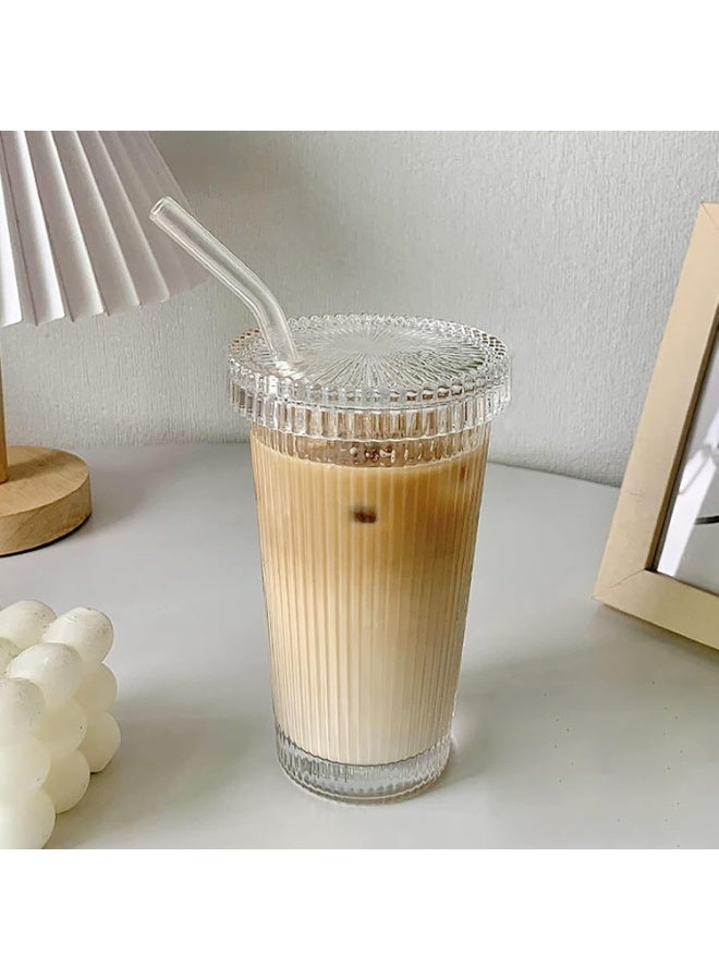 420ml Ribbed Glass Tumbler with Lid , Iced Coffee Cup, Smoothie Glass Cup, Juice Drinking Glass, Cold Beverage Glass Cup with Lid, Thickened Clear Glass, Reusable Coffee Cup, Elegant Water Cup for Milk, Tea, Cocktails, and Juices - Image 2
