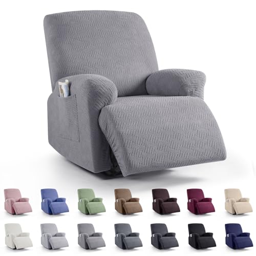 KinCam Recliner Covers Stretch Reclining Chair Covers Recliner Sofa Slipcovers Stripe Jacquard Recliner Couch Covers Furniture Protector Covers for Pet Kid 1 Seater Light Gray