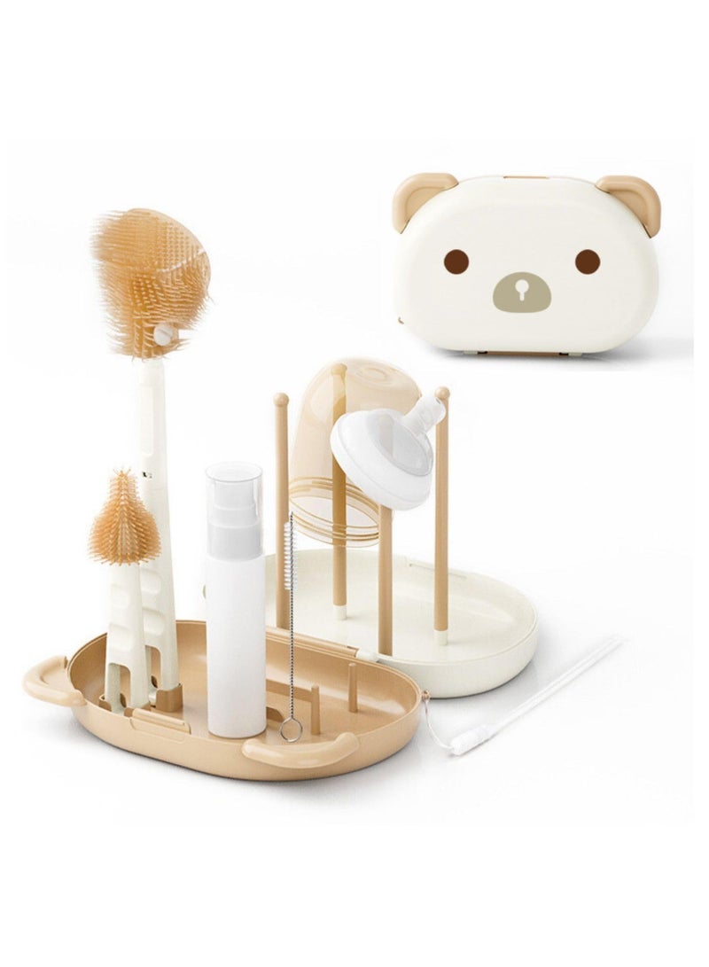 Captaintech Travel Baby Bottle Brush Kit, Travel Size Baby Bottle Drying Rack Kit with Silicone Bottle Brush, Nipple Cleaning Brush and Soap Dispenser - Cute Bear - Image 1