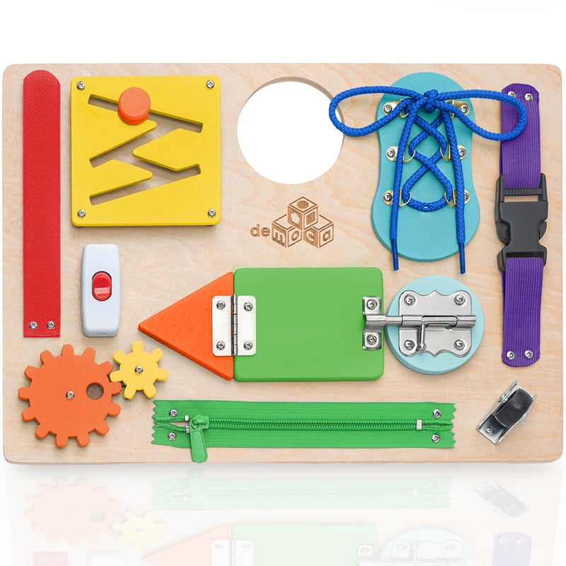 Montessori Busy Board for Toddlers Premium Wooden Toddler Busy Board for 1 2 3 Year Old with 10 Educational Activities for Fine Motor Skills Sensory Activity Toy for Travel Gift for Boys Girls