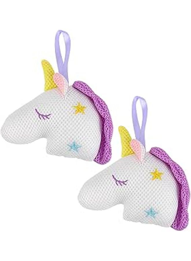Unicorn Mesh Bath Sponge Ball 2 Pack White Exfoliating Shower Pouf Body Scrubber - Image 1
