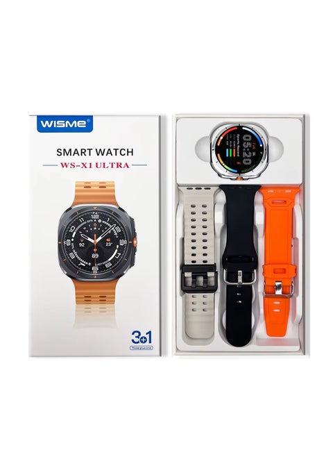 WISME WS-X1 Ultra Smartwatch With 3 Pair Straps and Charging Cable Designed For Ladies and Gents Silver