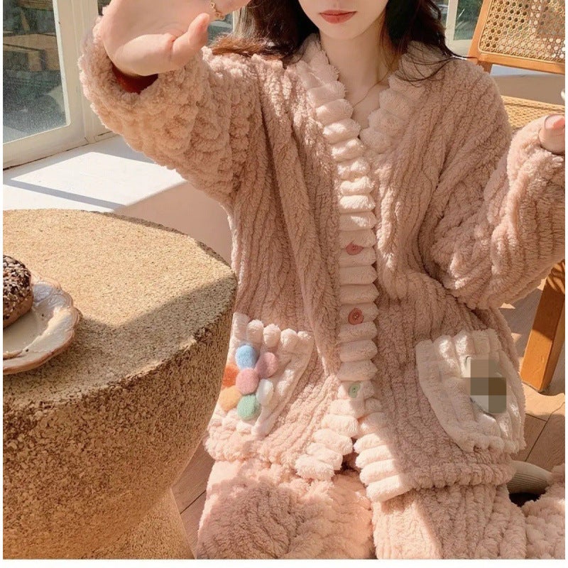 Rainbow Cardigan Pajamas for Women - Flannel Thickened Warm Robe, Comfortable Outwear for  Autumn/Winter