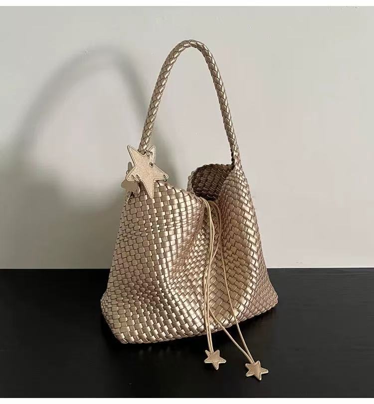 Gun Gun Same Design Small Version Champagne Color Woven Tote Bag Small Bag Commuter Satchel Shoulder Bag For Women - Image 1