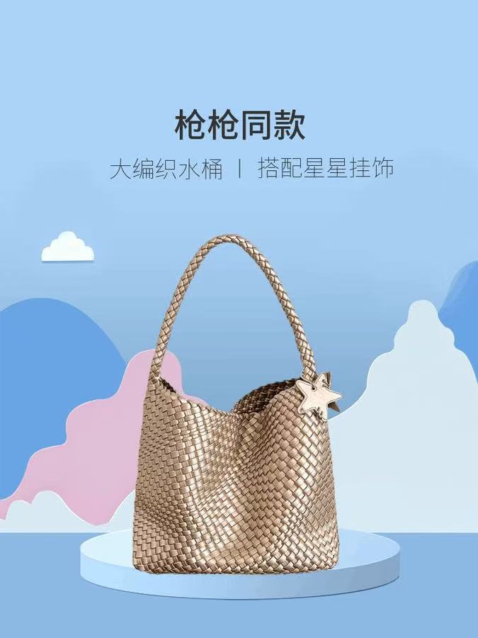 Gun Gun Same Design Small Version Champagne Color Woven Tote Bag Small Bag Commuter Satchel Shoulder Bag For Women - Image 5