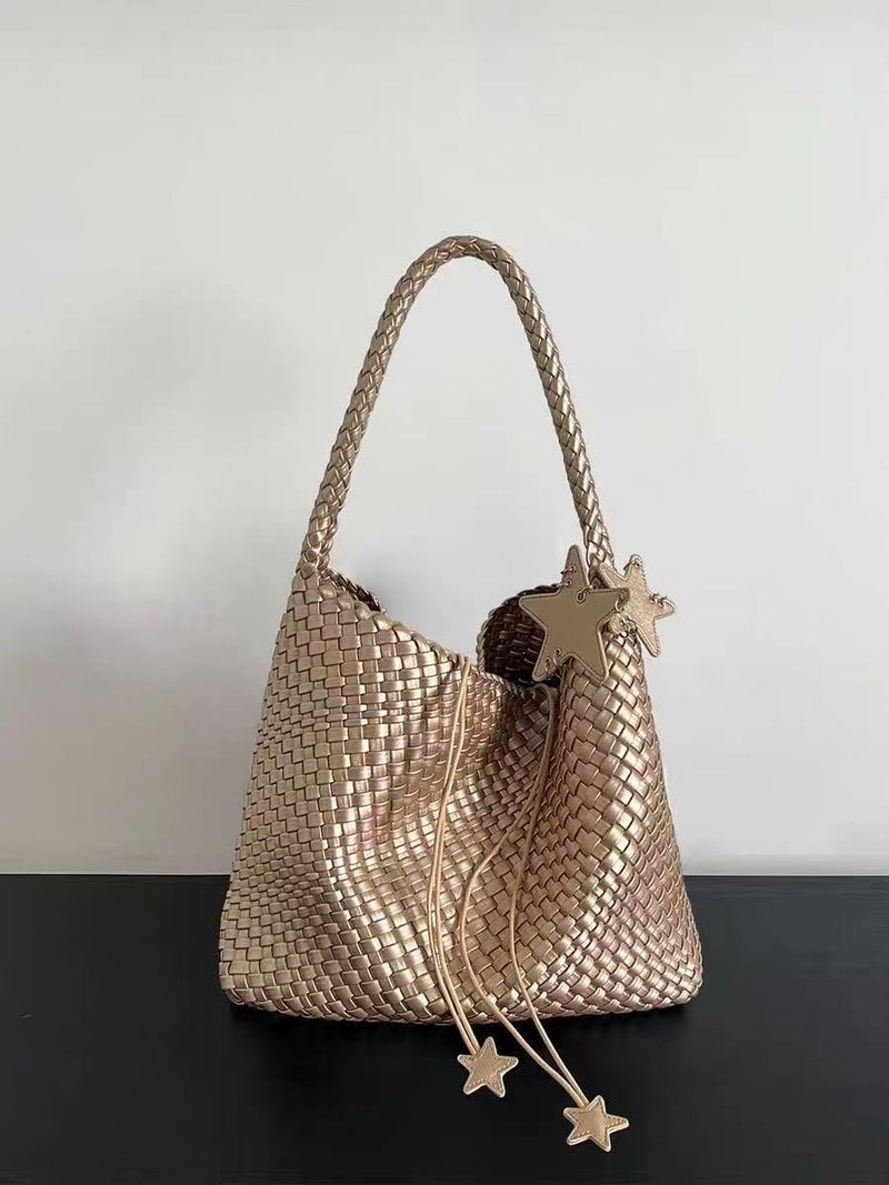 Gun Gun Same Design Small Version Champagne Color Woven Tote Bag Small Bag Commuter Satchel Shoulder Bag For Women - Image 2