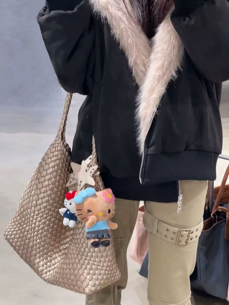 Gun Gun Same Design Small Version Champagne Color Woven Tote Bag Small Bag Commuter Satchel Shoulder Bag For Women - Image 3